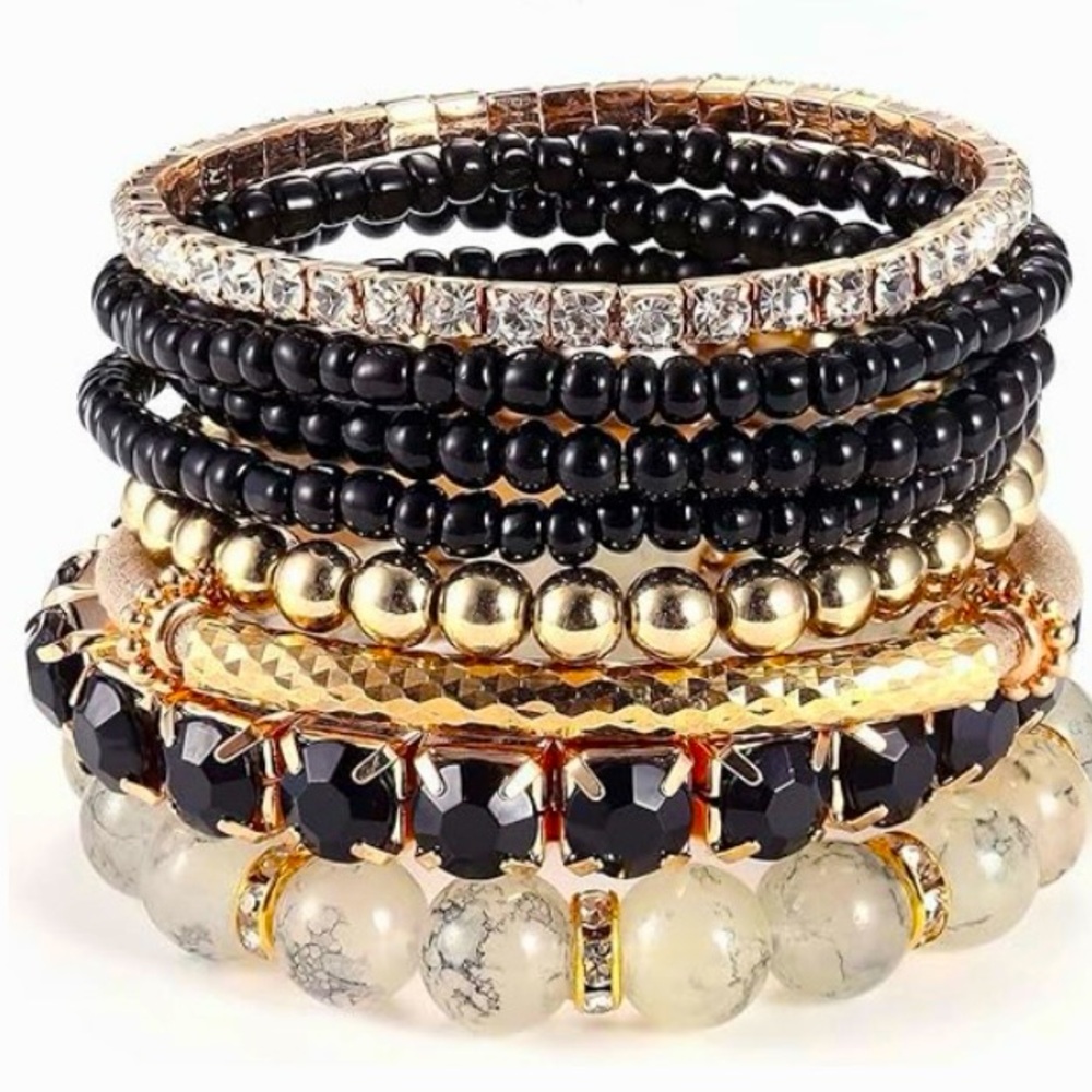 Elegant Black and Gold Beaded Bracelet Set - Picture 1 of 1